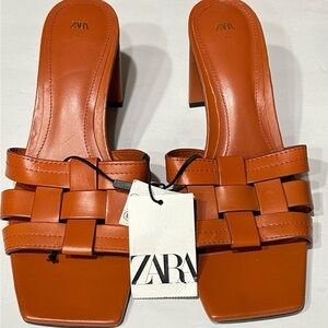 ZARA Women's Square Toe Heeled Slip Sandals in Brown US Size 10 Run Small, New